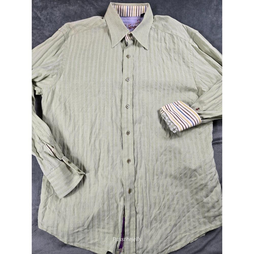 Robert Graham Shirt‎ Mens Large Green Geometric Flip Cuff Button Up Crochet
